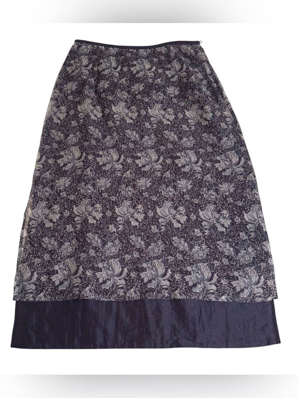 Peruvian Connection Size 14 Silk Floral Midi Length Skirt Blue Cottagecore Boho